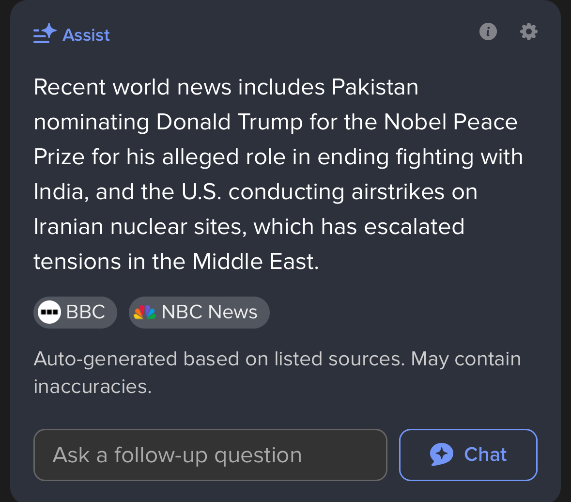 a weirdly ironic ai summary of recent world news that sees Donald Trump nominated for a Nobel Peace Prize and conducting airstrikes in the same sentence.